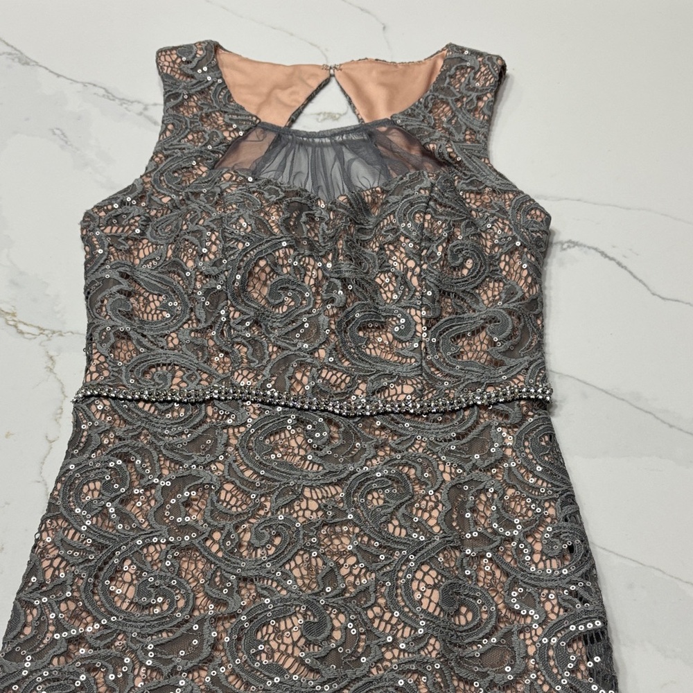 Jodi Kristopher Charcoal Lace Dress with White Beading